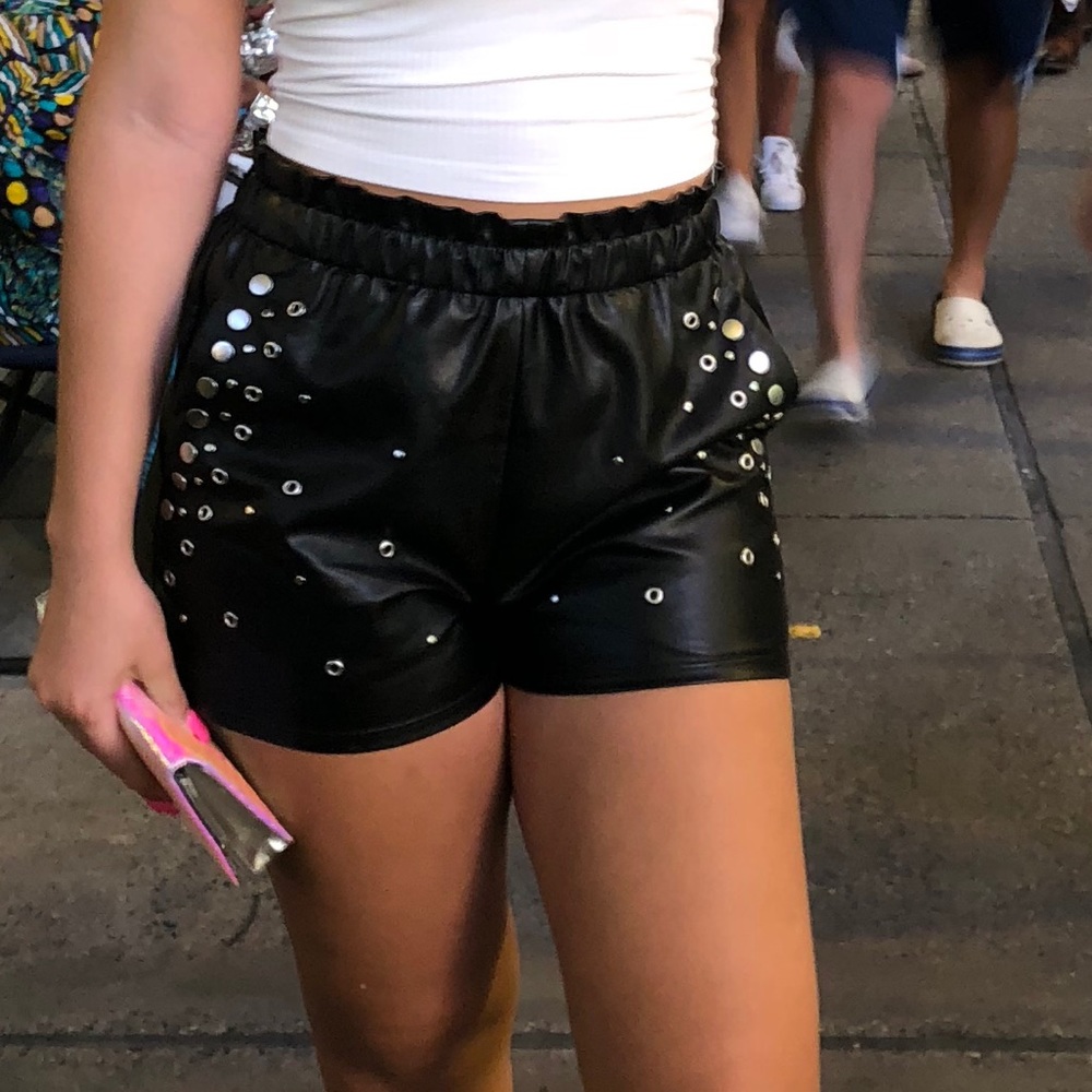 Black faux Leather Shorts with Silver Accents - Picture 1 of 2